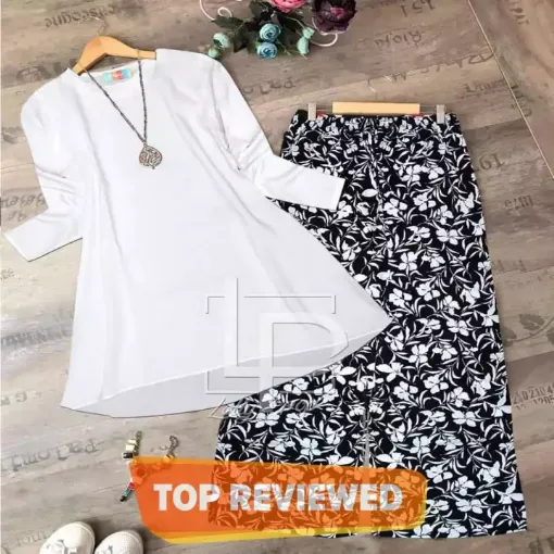 Picture of White Stylish Plain Top & Printed Trouser for Ladies